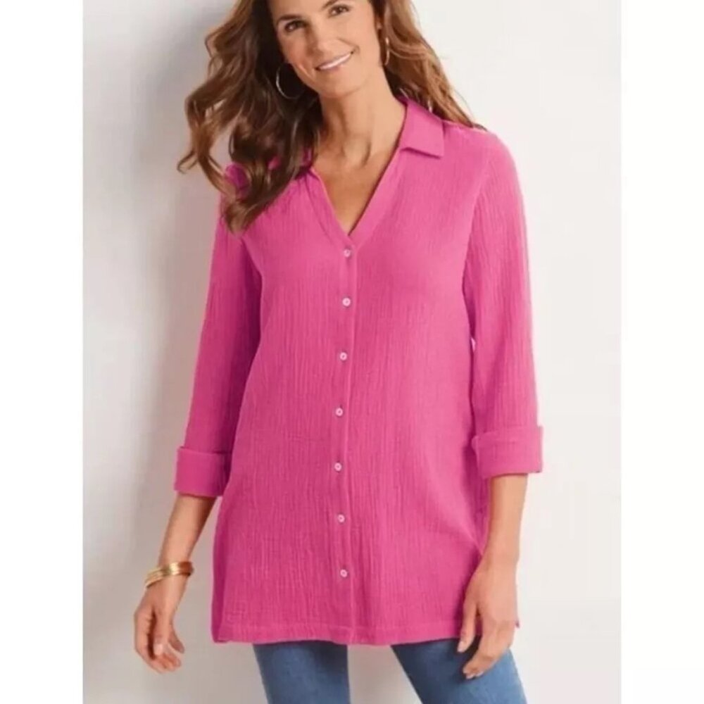 Soft Surroundings Women's Hot Pink Gauze Cotton Button Down Shirt, Medium